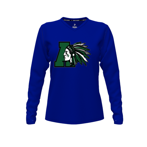 [CUS-DFW-TEES-CMF-VNK-LSL-RYL-FYXS-LOGO1] Decker Comfort T-Shirt (Female Youth XS, Royal, V Neck, Logo 1, Long Sleeve)