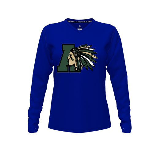 [CUS-DFW-TEES-CMF-VNK-LSL-RYL-FYXS-LOGO2] Decker Comfort T-Shirt (Female Youth XS, Royal, V Neck, Logo 2, Long Sleeve)