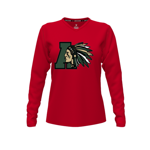 [CUS-DFW-TEES-CMF-VNK-LSL-RED-FYXS-LOGO2] Decker Comfort T-Shirt (Female Youth XS, Red, V Neck, Logo 2, Long Sleeve)