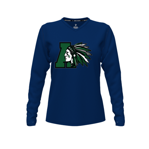 [CUS-DFW-TEES-PER-VNK-LSL-NVY-FYXS-LOGO1] Decker Performance T-Shirt (Female Youth XS, Navy, V Neck, Logo 1, Long Sleeve)