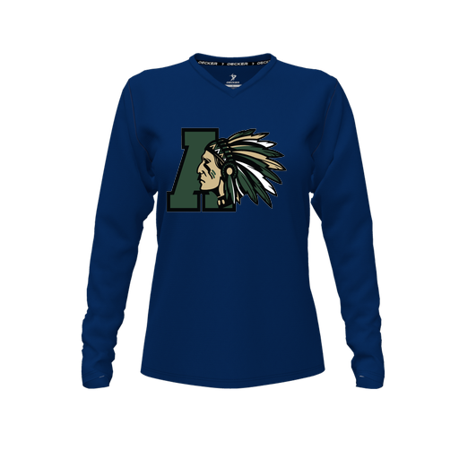 [CUS-DFW-TEES-PER-VNK-LSL-NVY-FYXS-LOGO2] Decker Performance T-Shirt (Female Youth XS, Navy, V Neck, Logo 2, Long Sleeve)