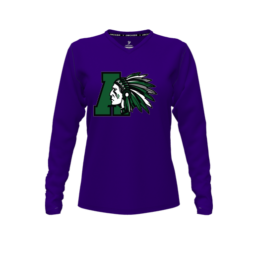[CUS-DFW-TEES-PER-VNK-LSL-PUR-FYXS-LOGO1] Decker Performance T-Shirt (Female Youth XS, Purple, V Neck, Logo 1, Long Sleeve)